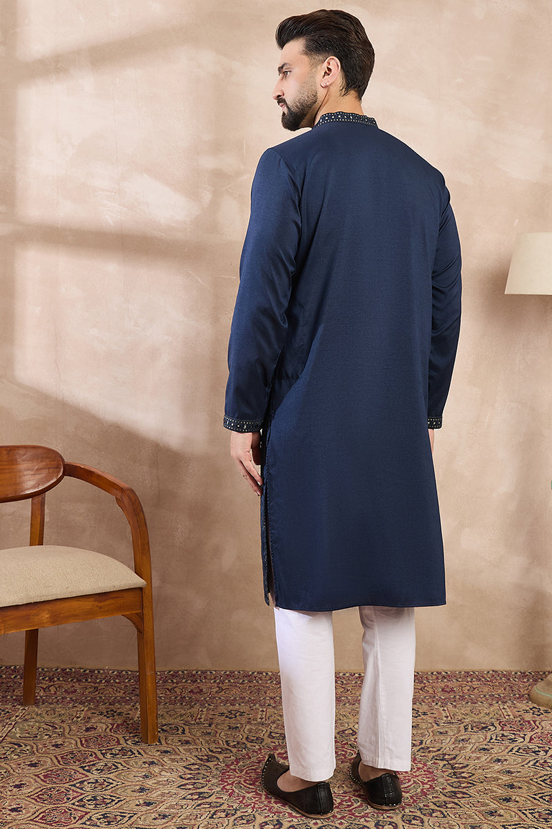 Blue Silk Blend Geometric Embroidered Straight Kurta With Trouser MKSET1890