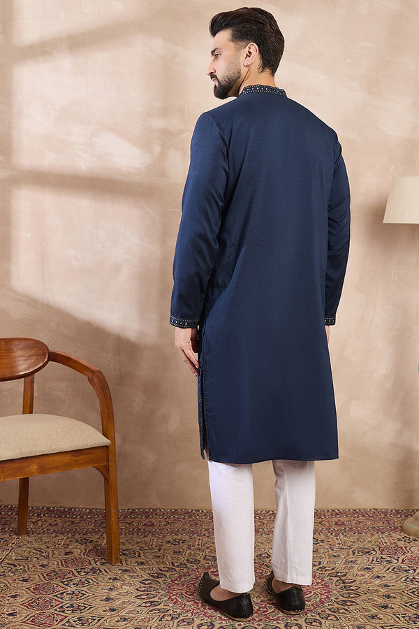 Blue Silk Blend Geometric Embroidered Straight Kurta With Trouser MKSET1890