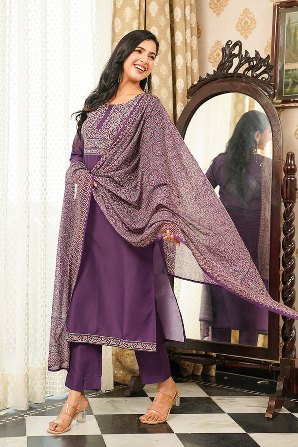 Purple Cotton Blend Ajrakh Printed Straight Kurta Trousers With Dupatta PKSKD3067