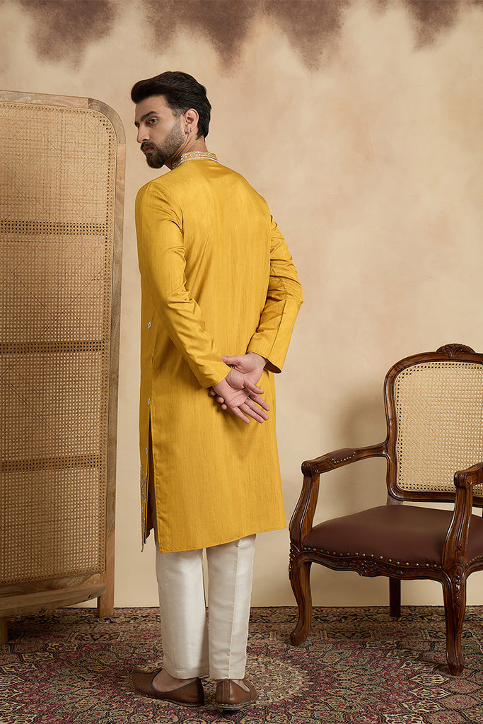 Yellow Silk Blend Solid Embroidered Straight Kurta With Trouser MKSET2525