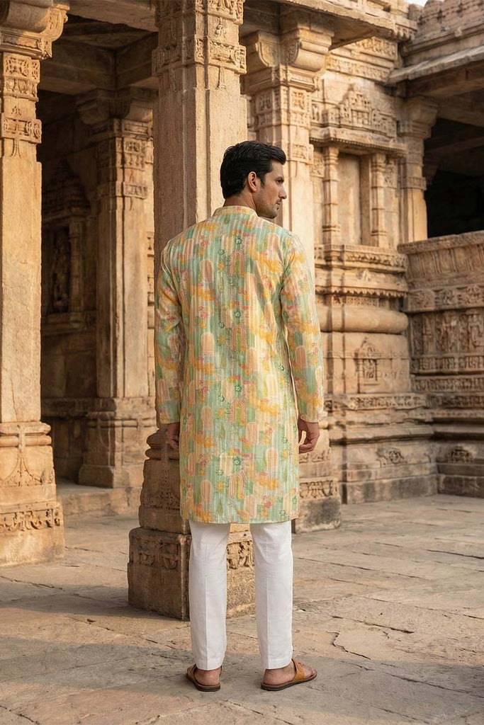 Green Silk Blend Printed Straight Kurta With Trousers MKSET2118