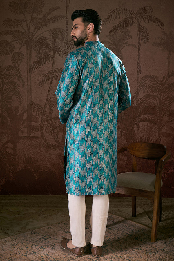 Turquoise Blue Silk Blend Chevron Printed Straight Kurta With Trouser MKSET1916