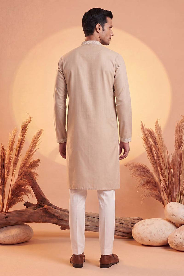 Beige Silk Blend Solid Embroidered Kurta MKU2089