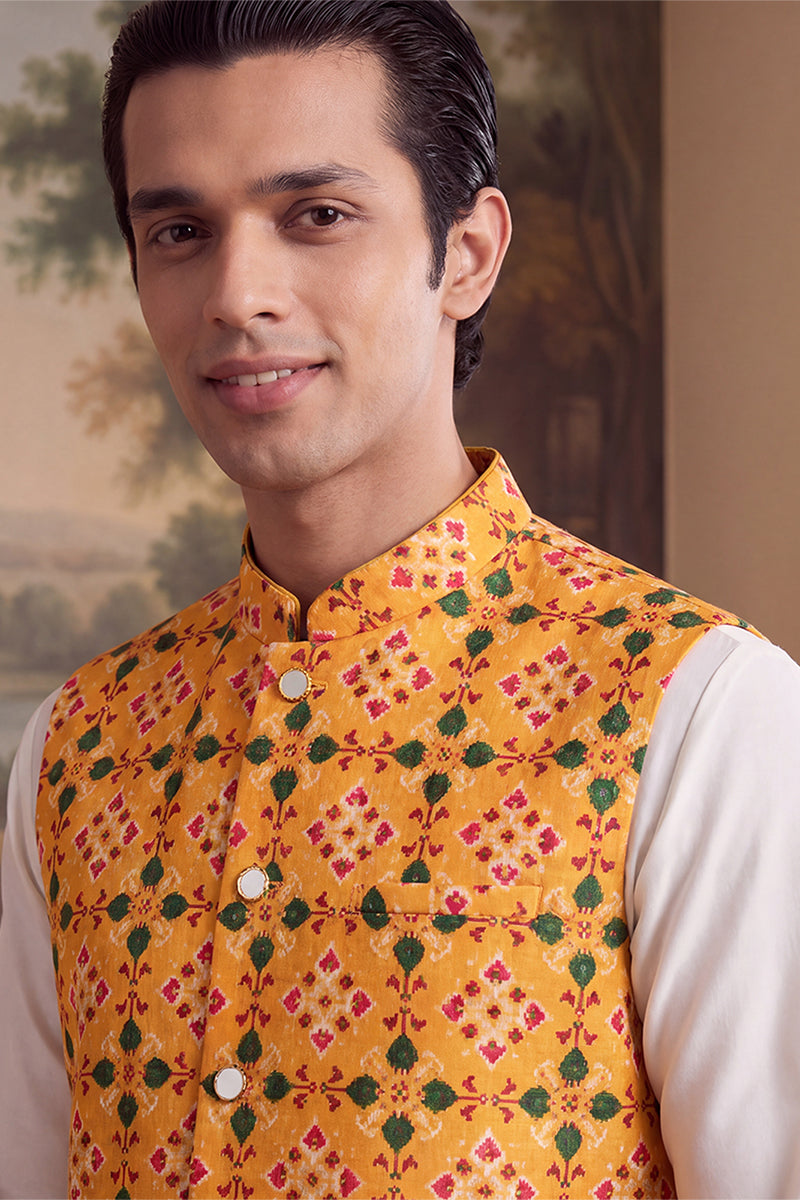 Yellow Silk Blend Patola Print Mandarine Collar Koti MKOT1050