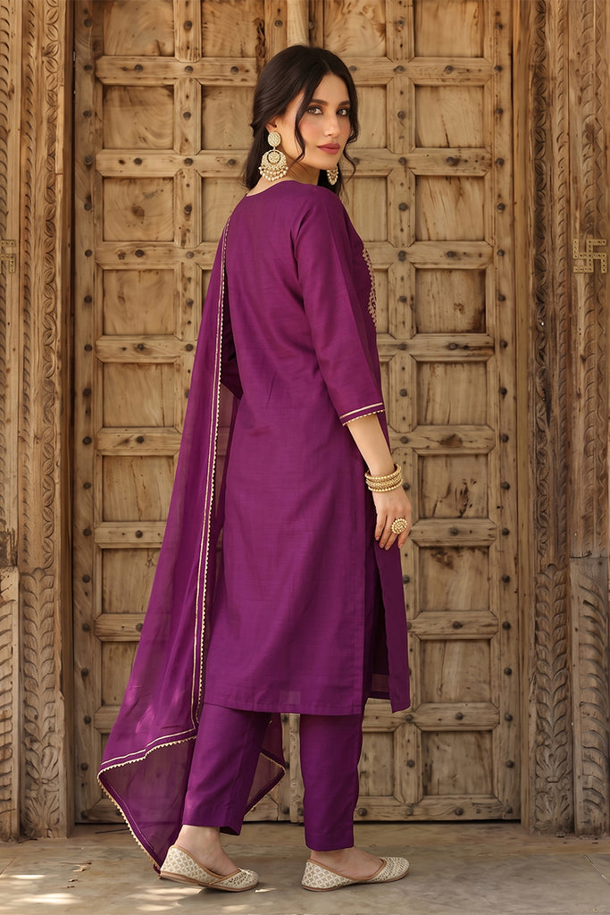 Silk Blend Purple Embroidered Straight Kurta Pant With Dupatta PKSKD1807
