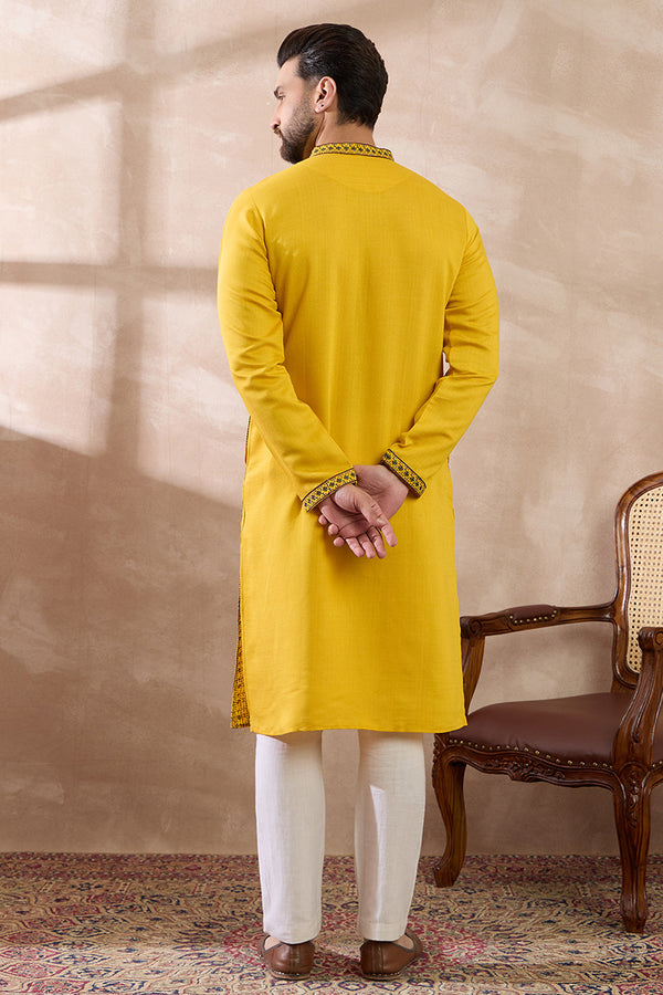 Yellow Silk Blend Embroidered Mandarin Collar Straight Kurta MKU2039