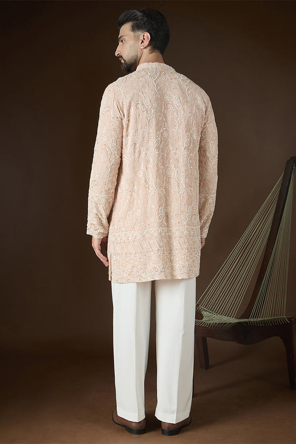Peach Georgette Solid Embroidered V-Neck Kurta MKU2830