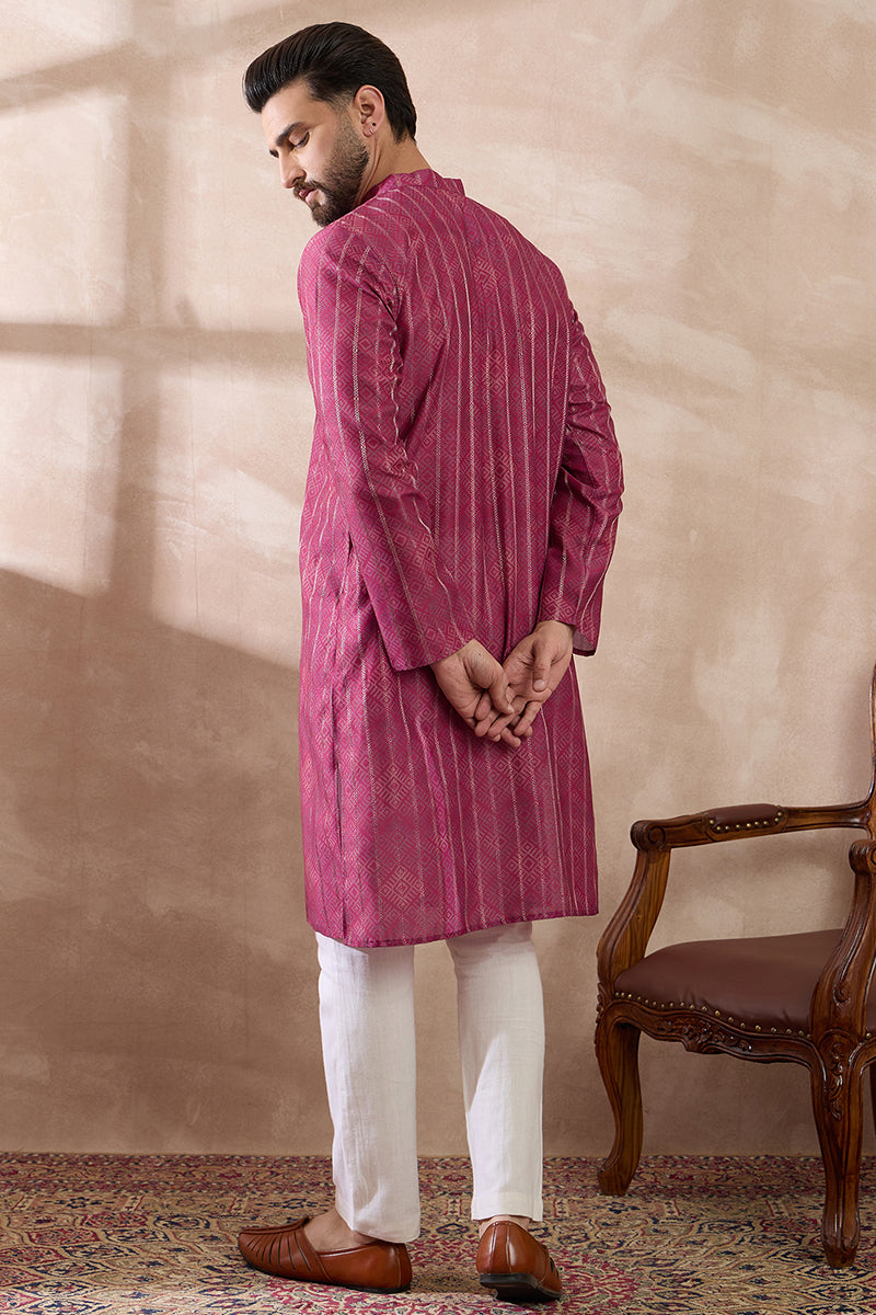 Pink Silk Blend Printed Mandarin Collar Straight Kurta MKU2114