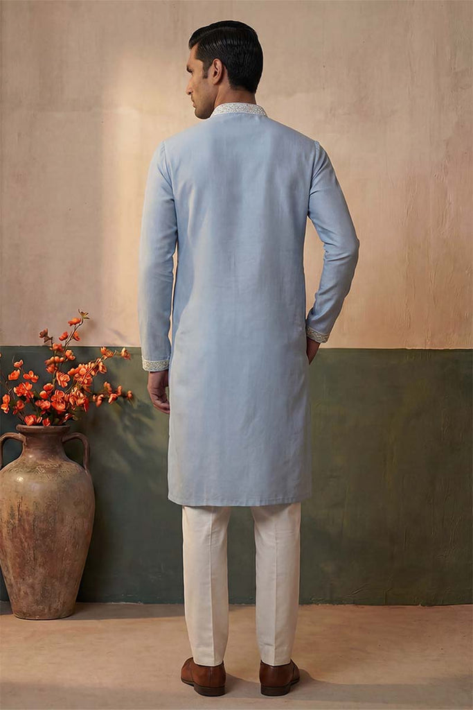 Silk Blend Blue Solid Embroidered Calf Length Straight Kurta With Trousers MKSET2141