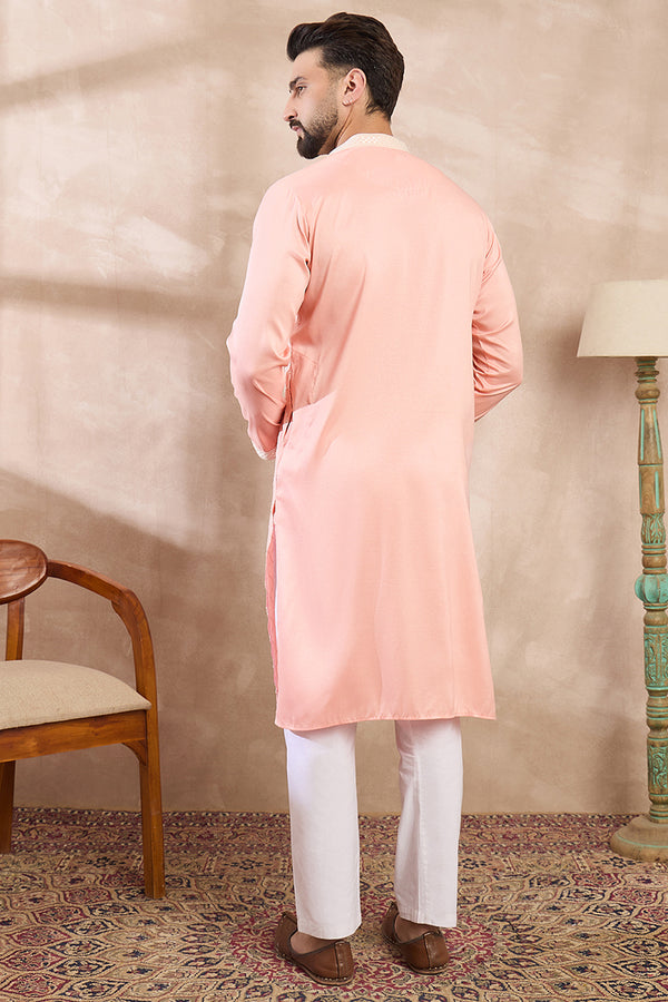 Pink Silk Blend Ethnic Motifs Embroidered Straight Kurta With Trouser MKSET1692