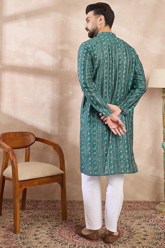 Green Silk Blend Ethnic Motifs Printed Straight Kurta With Trouser MKSET1996