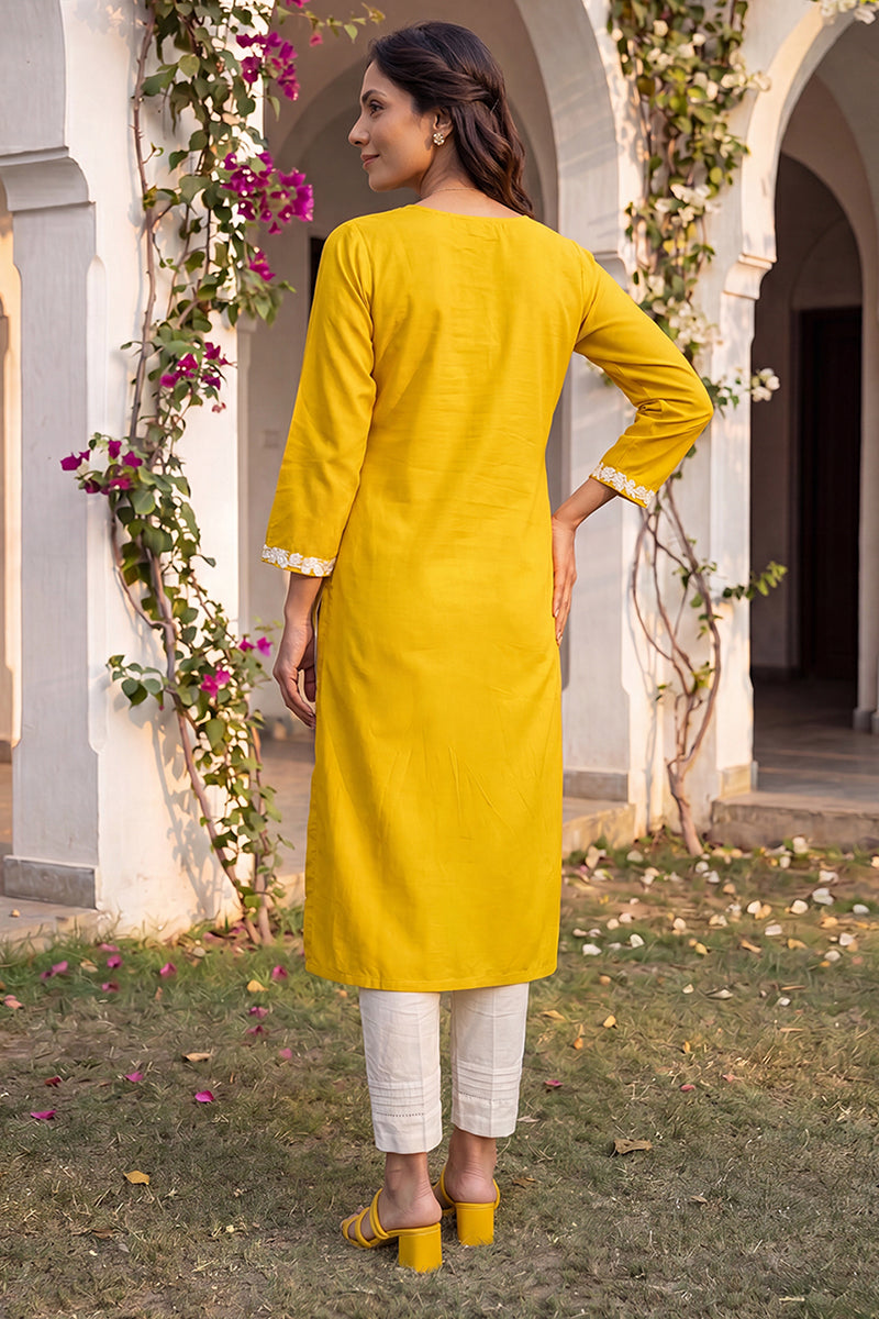 Yellow Viscose Rayon Solid Embroidered Regular Kurta VCK9816