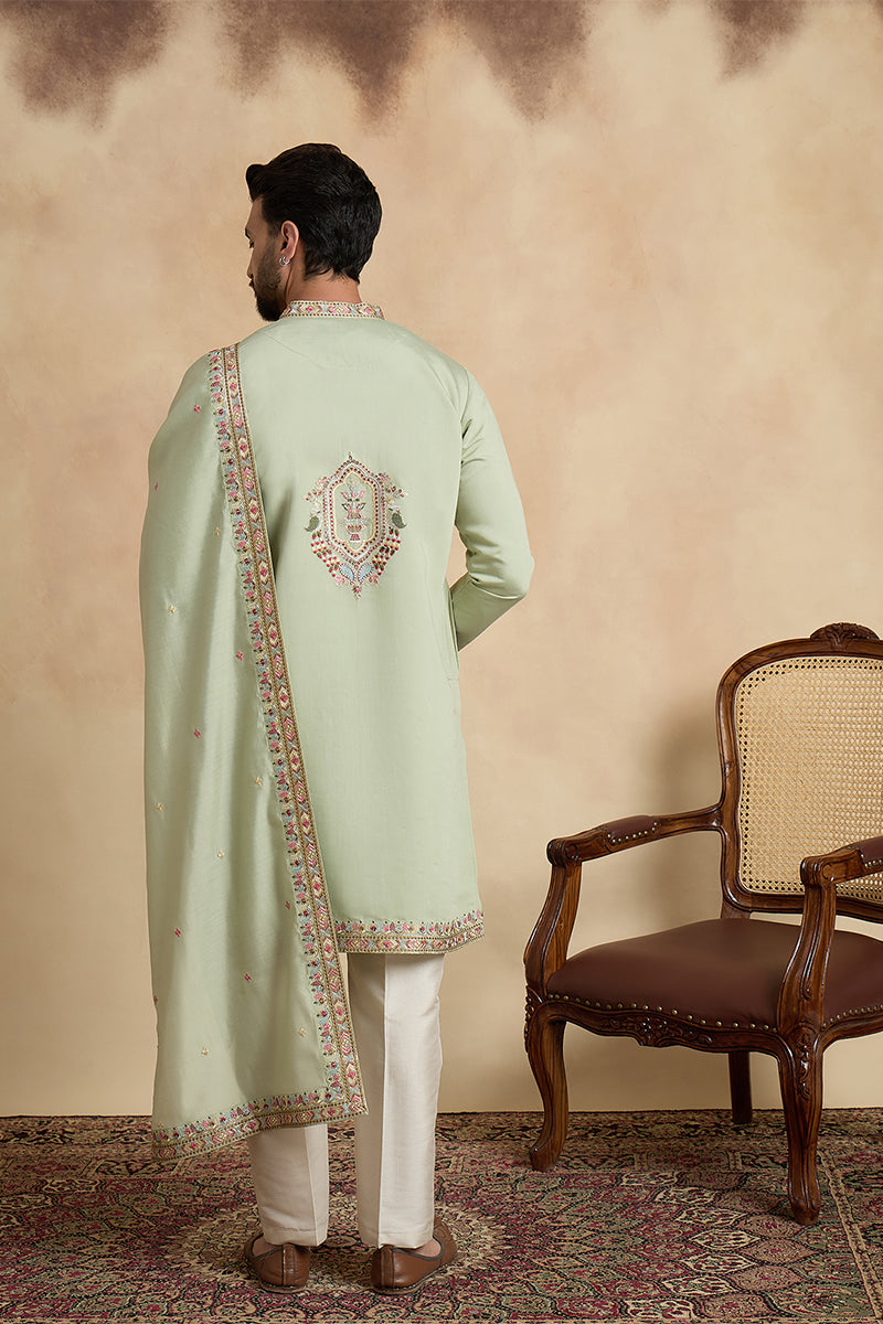 Green Silk Blend Solid Embroidered Sequins Kurta & Trouser With Dupatta MKPD1070
