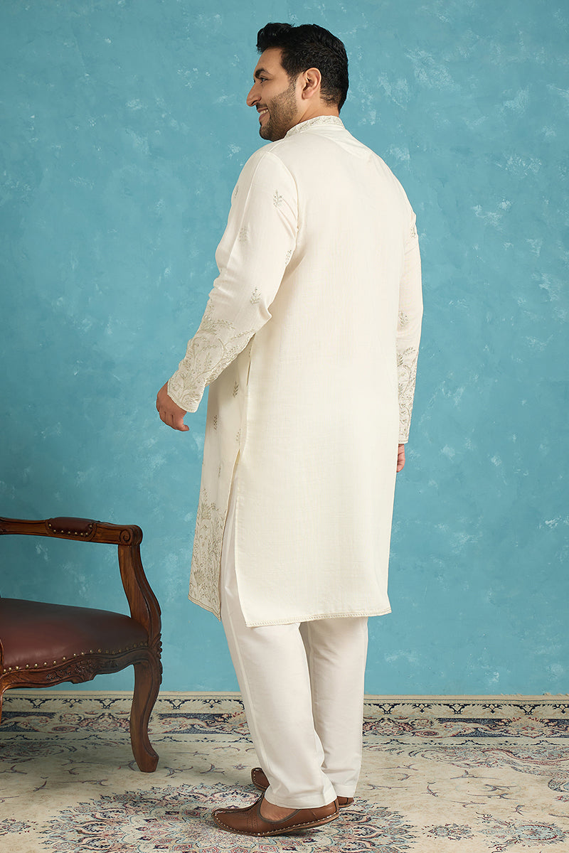White Silk Blend Floral Thread Work Embroidered Kurta MKU1784