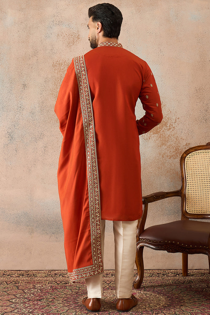 Orange Silk Blend Solid Embroidered Kurta And Trouser With Dupatta MKPD1028