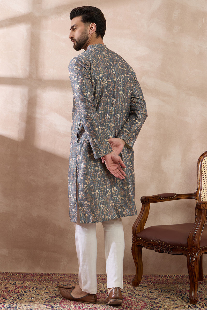 Grey Silk Blend Printed Mandarin Collar Straight Kurta With Trouser MKSET1931