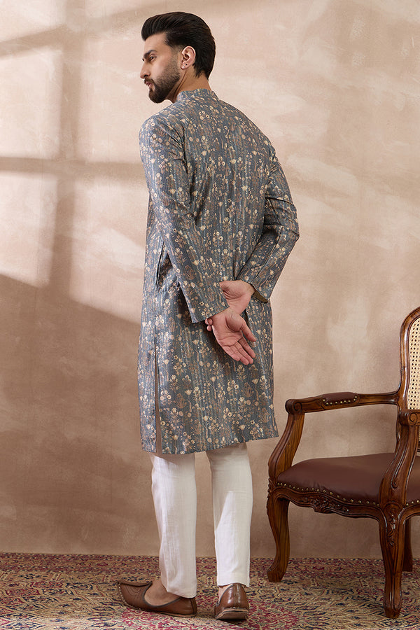 Grey Silk Blend Printed Mandarin Collar Straight Kurta With Trouser MKSET1931