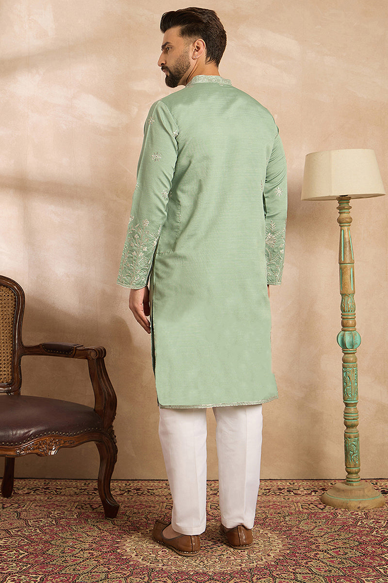 Green Silk Blend Solid Embroidered Straight Kurta With Trouser MKSET1783