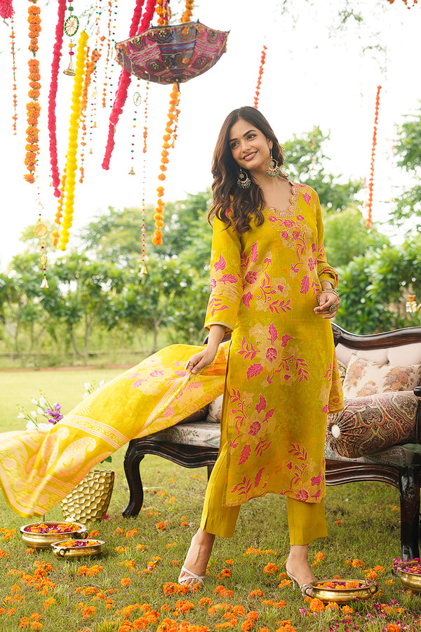 Yellow Rayon Blend Floral Straight Kurta Trousers With Dupatta PKSKD3052