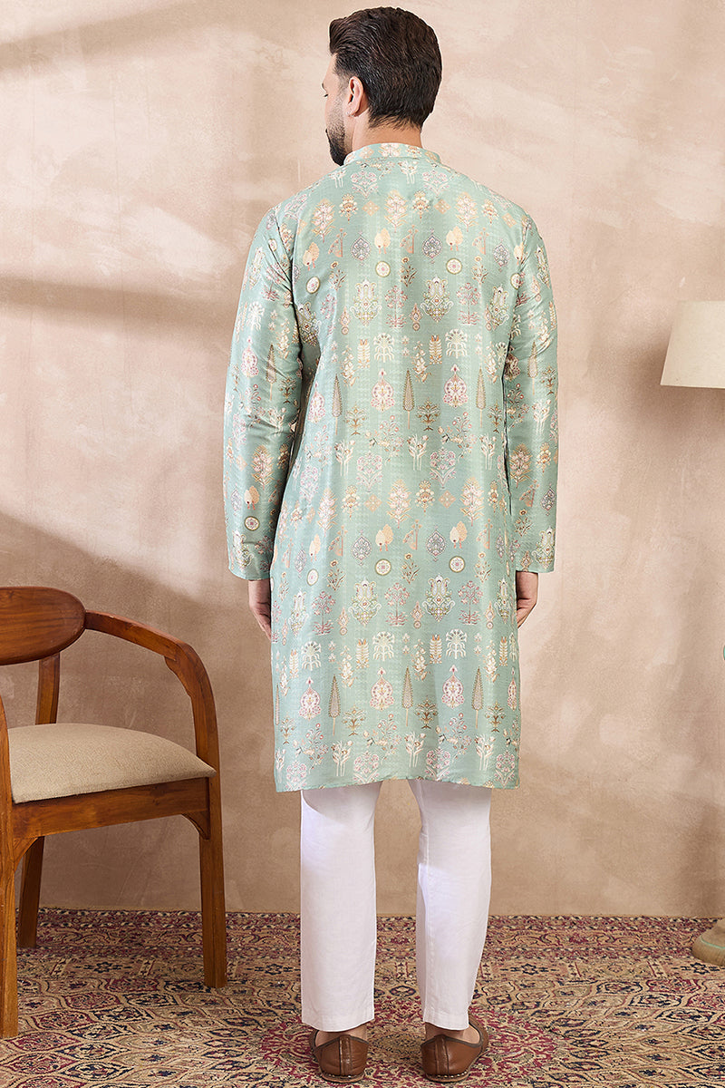 Green Silk Blend Floral Printed Straight Kurta MKU2011