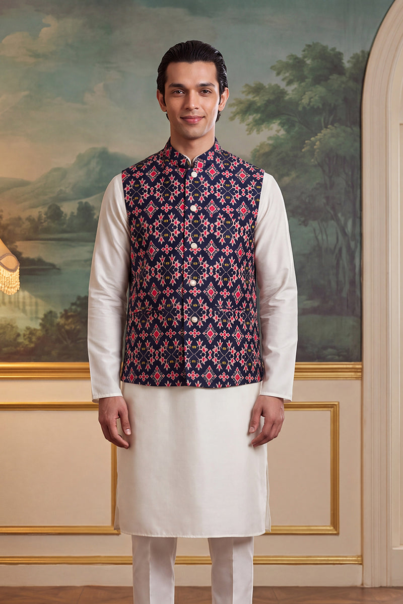 Navy Blue Silk Blend Patola Print Mandarine Collar Koti MKOT1048