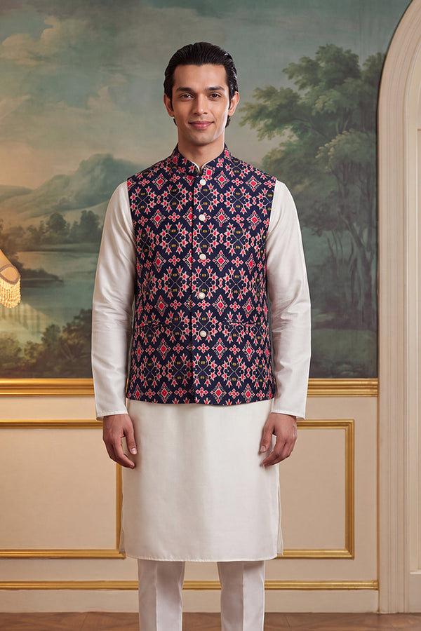 Navy Blue Silk Blend Patola Print Mandarine Collar Koti MKOT1048