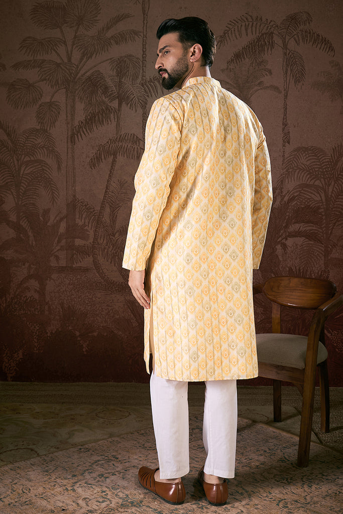White Silk Blend Ethnic Motifs Printed Straight Kurta With Trouser MKSET1914