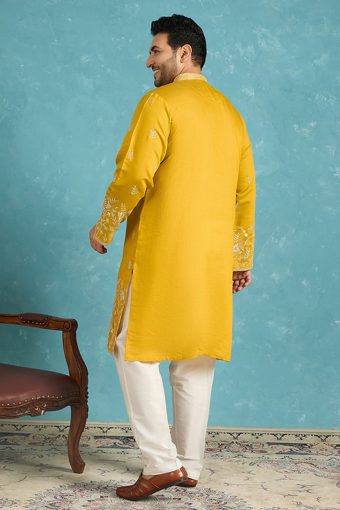 Yellow Silk Blend Solid Thread Work Embroidered Kurta MKU1314