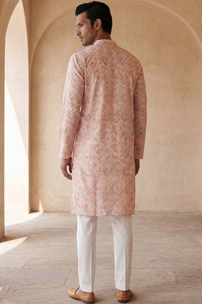 Peach Cotton Blend Chevron Embroidered Kurta MKU2069