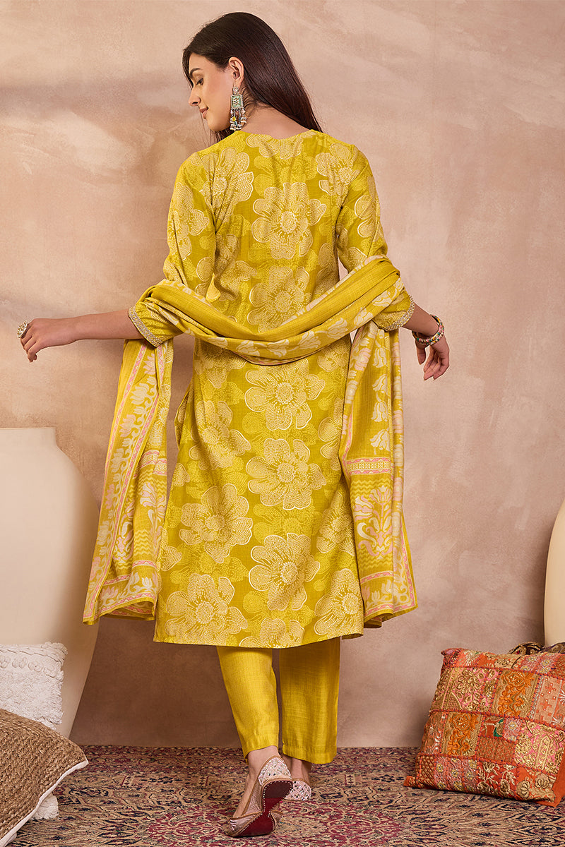 Yellow Poly Silk Floral Printed Straight Kurta Trouser With Dupatta VKSKD3209