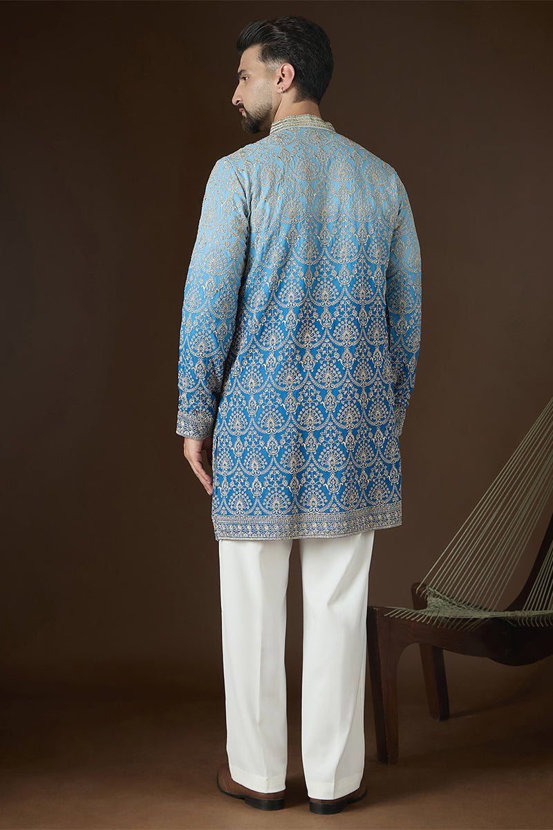 Blue Georgette Ethnic Motifs Embroidered Mandarin Collar Kurta MKU2586