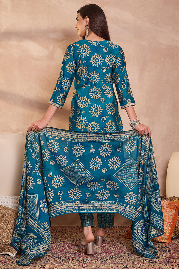 Blue Rayon Blend Floral Printed Straight Kurta Trouser With Dupatta VKSKD3215
