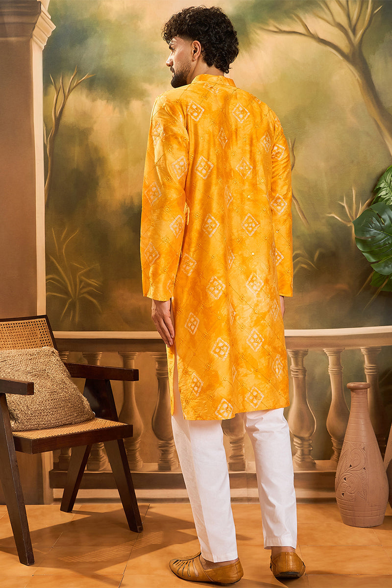 Orange Silk Blend Batik Embroidered Straight Kurta with Trouser MKSET1466
