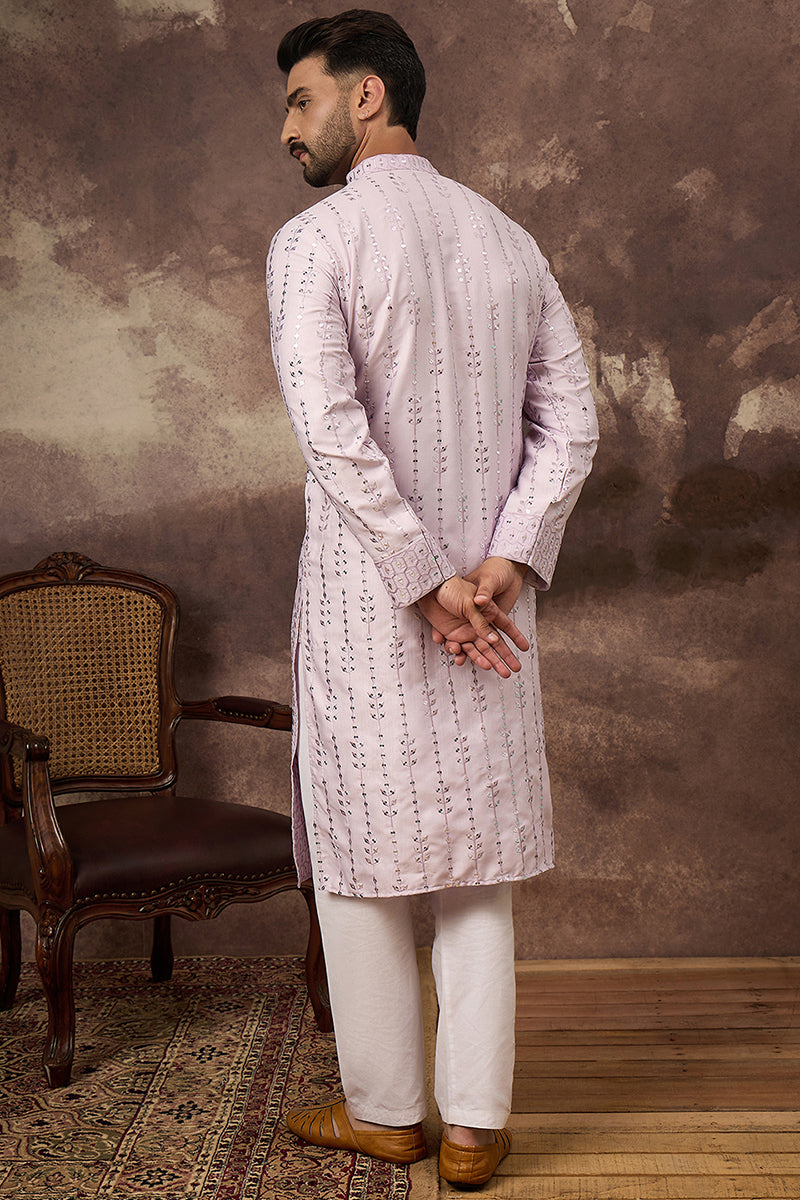 Lavender Silk Blend Solid Embroidered Straight Kurta With Pant Set MKSET1359
