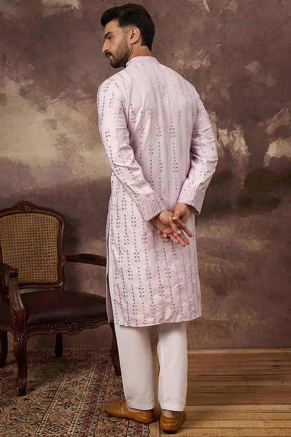 Lavender Silk Blend Solid Embroidered Straight Kurta With Pant Set MKSET1359