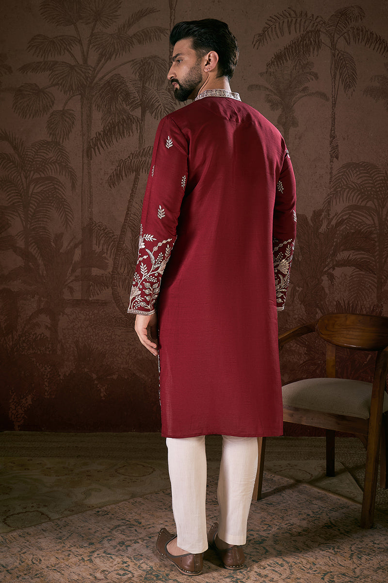 Maroon Silk Blend Solid Embroidered Straight Kurta MKU1945