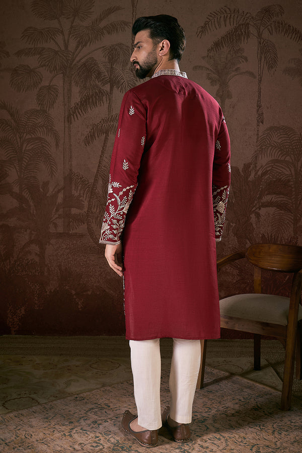Maroon Silk Blend Solid Embroidered Straight Kurta MKU1945
