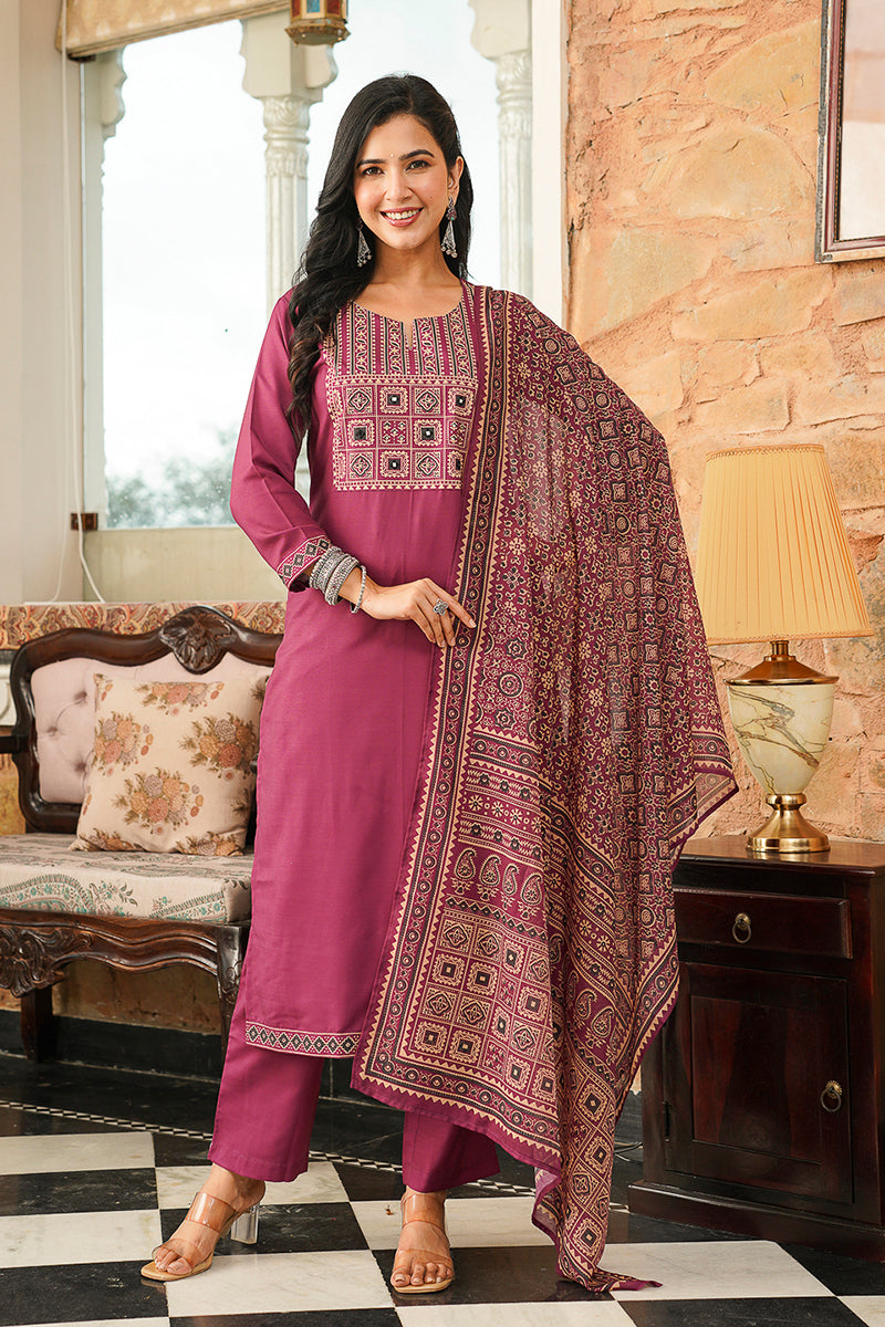 Purple Cotton Blend Ajrakh Printed Straight Kurta Trousers With Dupatta PKSKD3064