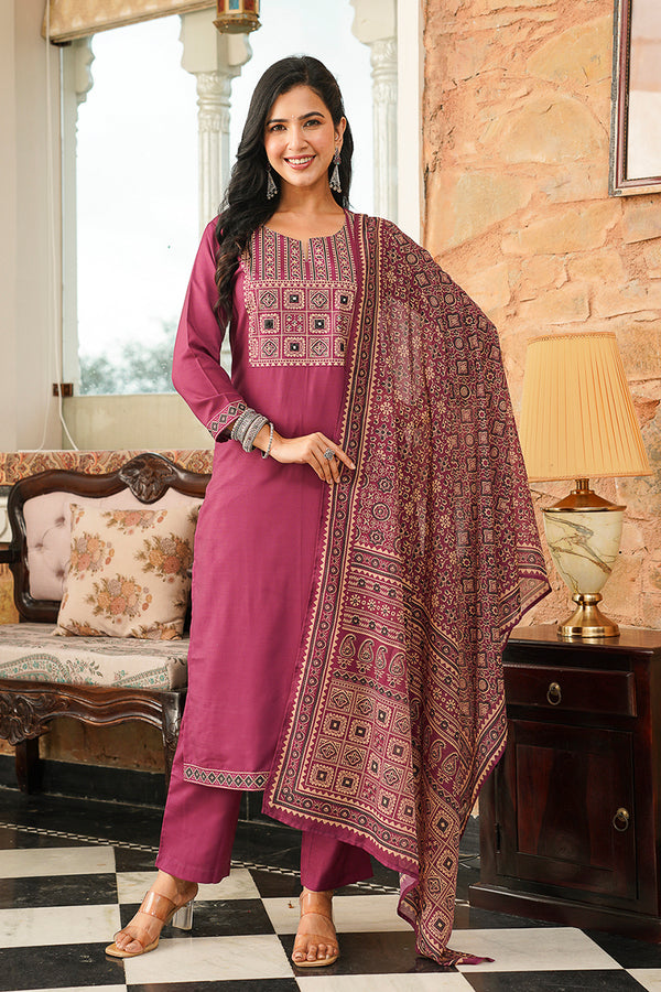 Purple Cotton Blend Ajrakh Printed Straight Kurta Trousers With Dupatta PKSKD3064