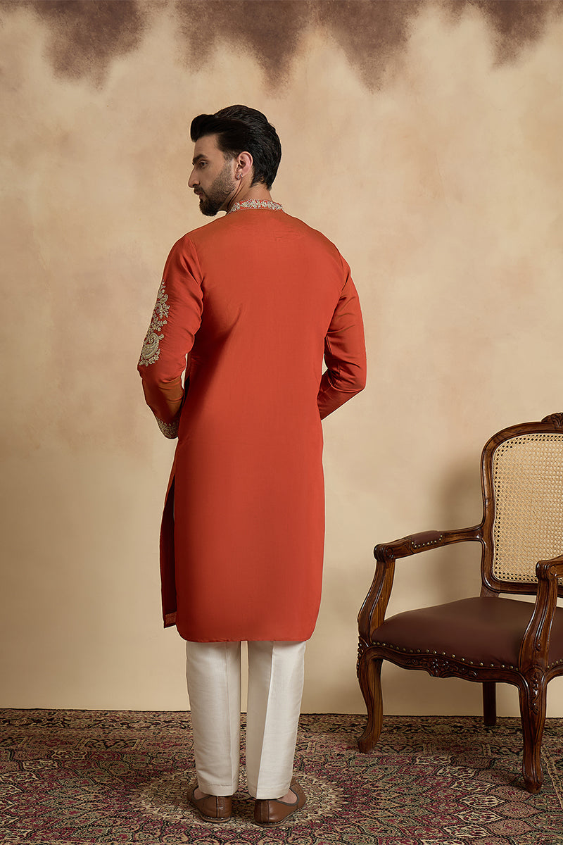 Orange Silk Blend Solid Embroidered Kurta MKU2449