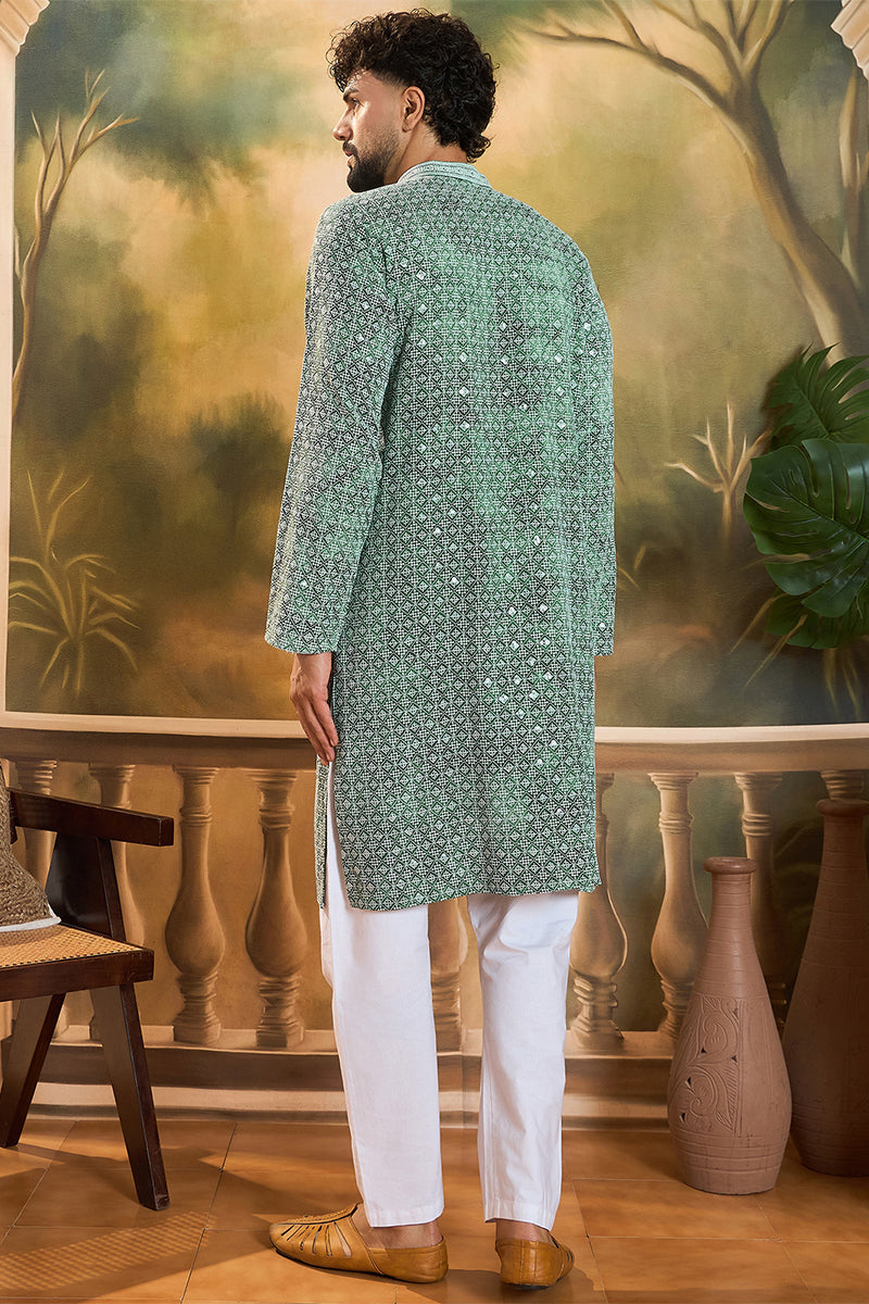 Green Viscose Rayon Shibori Embroidered Straight Kurta with Trouser MKSET1485