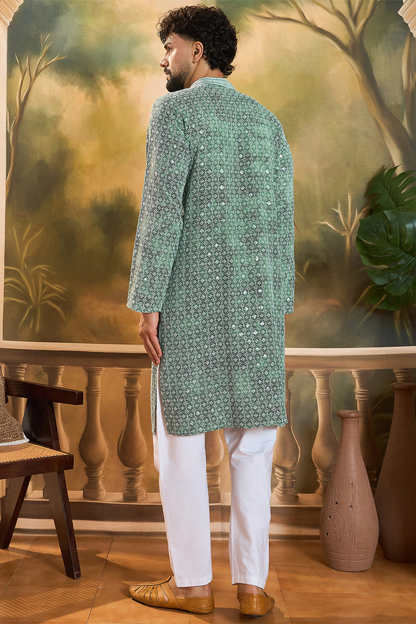 Green Viscose Rayon Shibori Embroidered Straight Kurta with Trouser MKSET1485