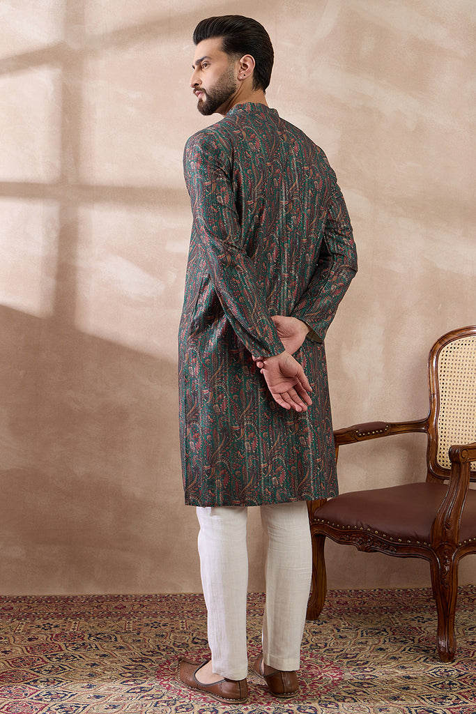 Green Silk Blend Printed Mandarin Collar Straight Kurta With Trouser MKSET2050