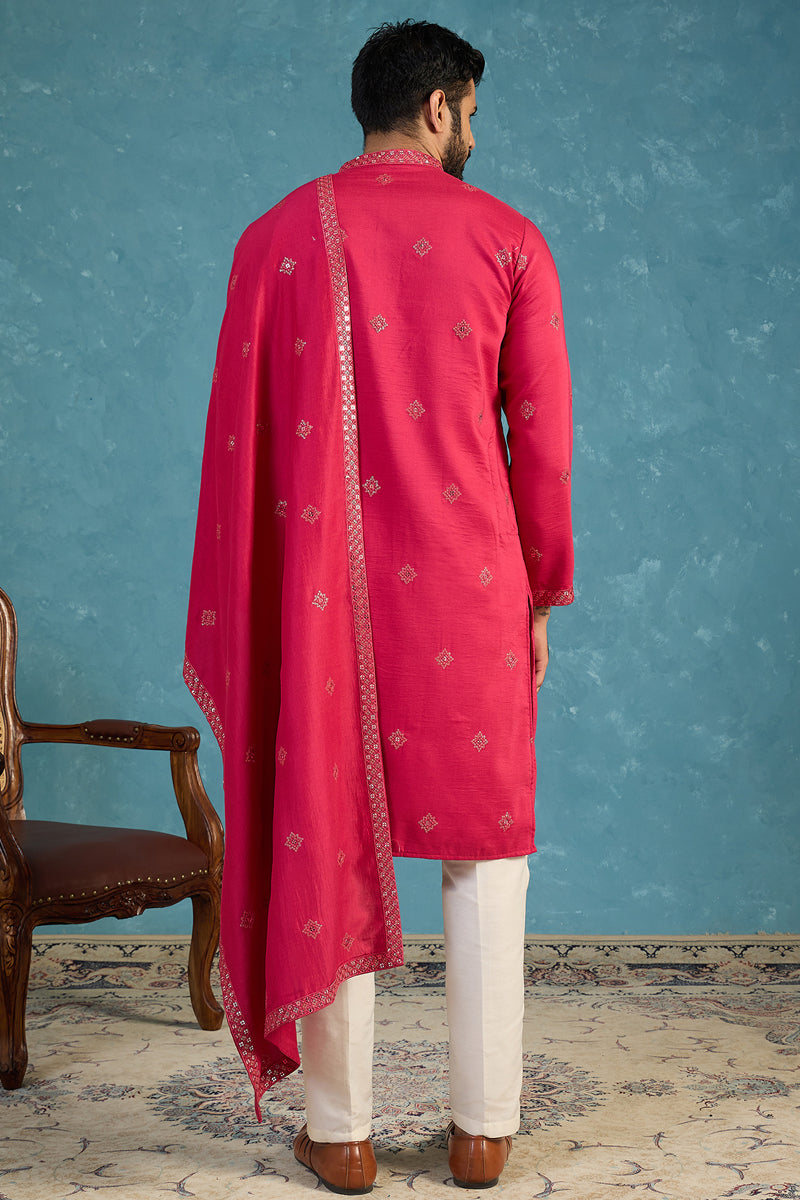 Pink Silk Blend Solid Embroidered Kurta&Dupatta With Trouser MKPD1077