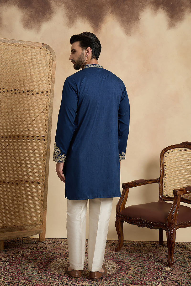 Blue Silk Blend Solid Embroidered Kurta With Trouser MKSET2448