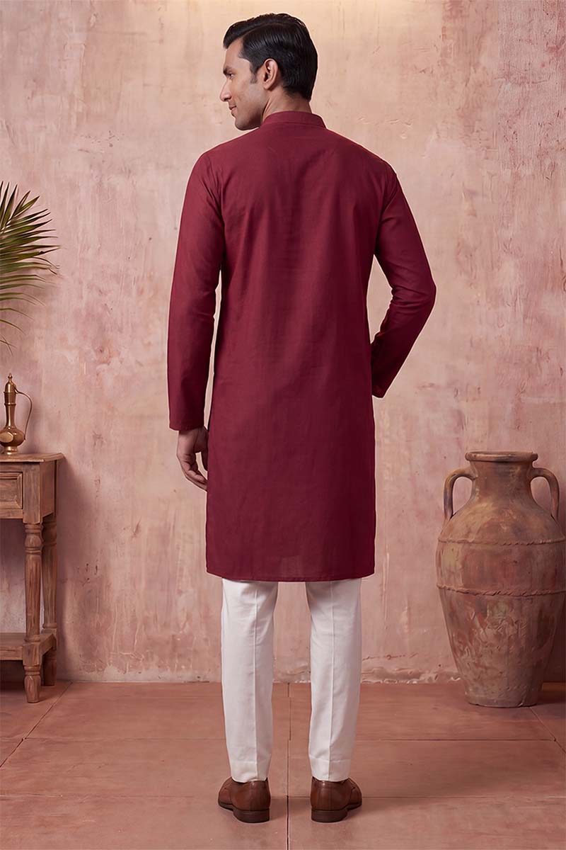 Silk Blend Maroon Solid Embroidered Calf Length Straight Kurta With Trousers MKSET2270
