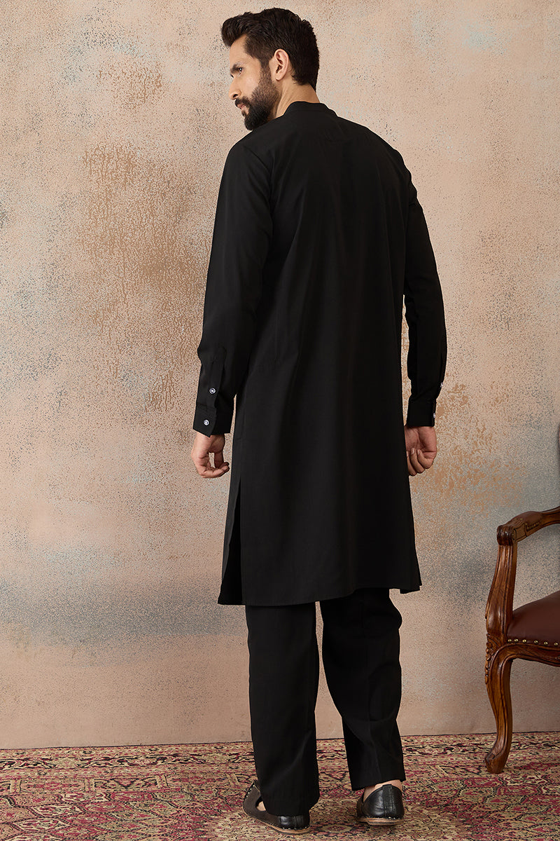 Black Silk Blend Ethnic Motifs Printed Kurta With Trouser MKSET2392