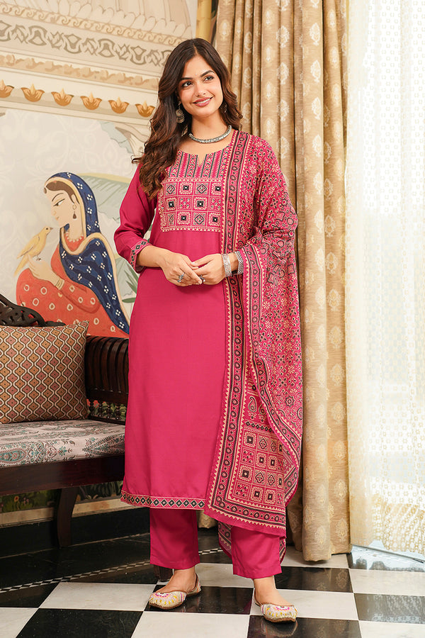 Pink Cotton Blend Ajrakh Printed Straight Kurta Trousers With Dupatta PKSKD3069