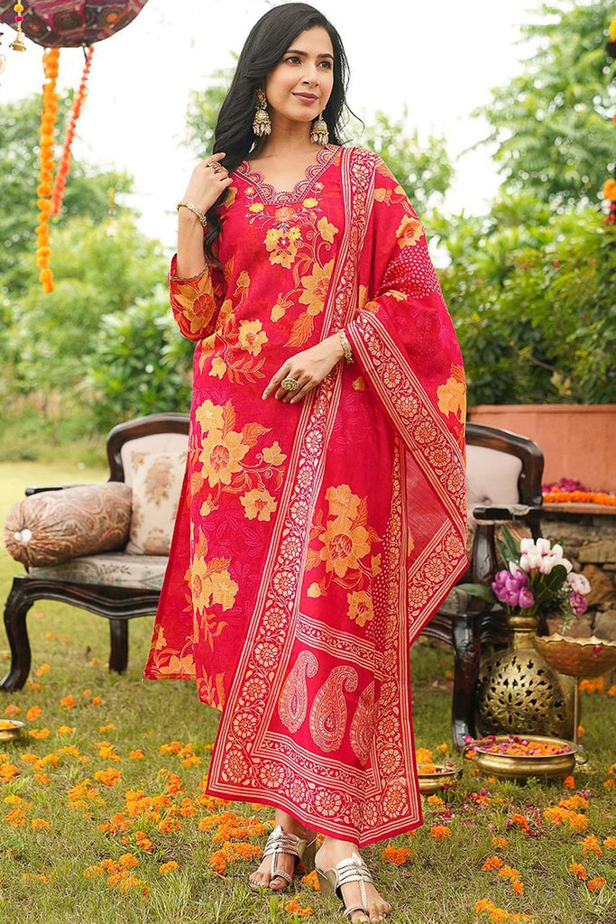 Red Rayon Blend Floral Straight Kurta Trousers With Dupatta PKSKD3051