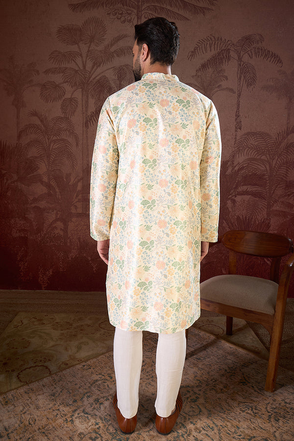 Off White Silk Blend Floral Printed Straight Kurta MKU1915